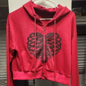 Red Heart Skeleton Ribcage Crop Zip Up Hoodie Size Small